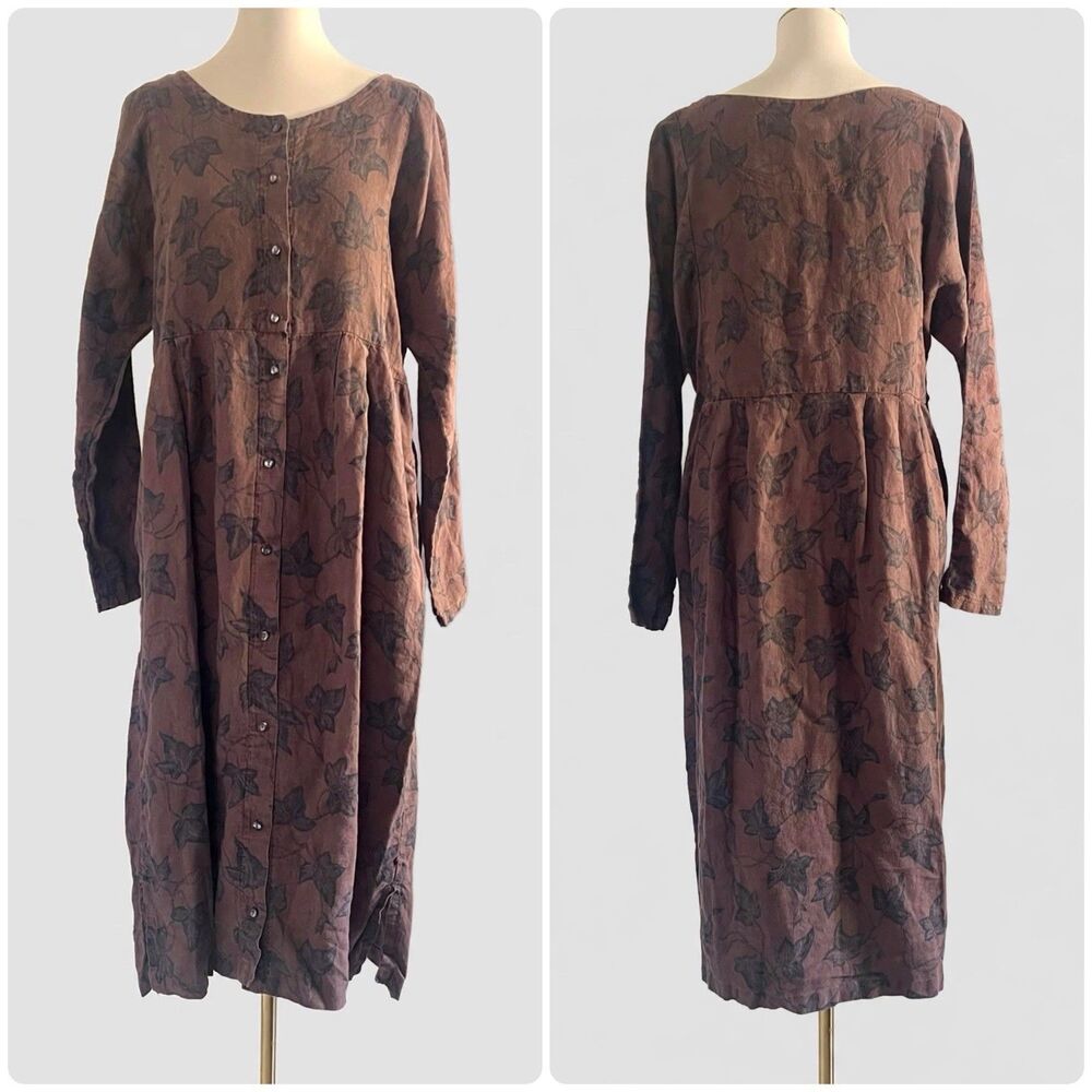 Vintage Tom Tom 100% Linen Dark Brown Leaf Print Button Front Midi Dress - L
